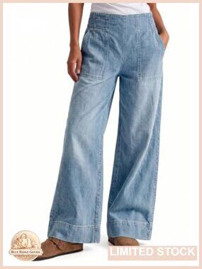 Wide Leg Jeans 100% Cotton Elastic Waist Pull On Baggy Denim Pants
